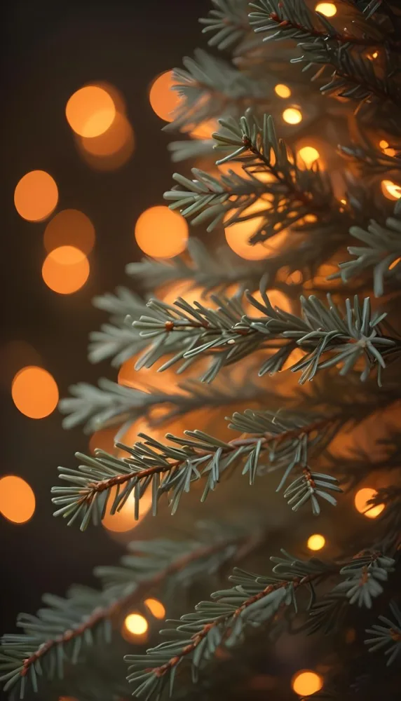 Minimal Soft Studio Light Photography Close Up Of Evergreen Tree Branches With Soft Warm Orange Bokeh Lights In The Background Creating A Cozy Atmosphere High Detail Solid Bold Color Background 6 99a9