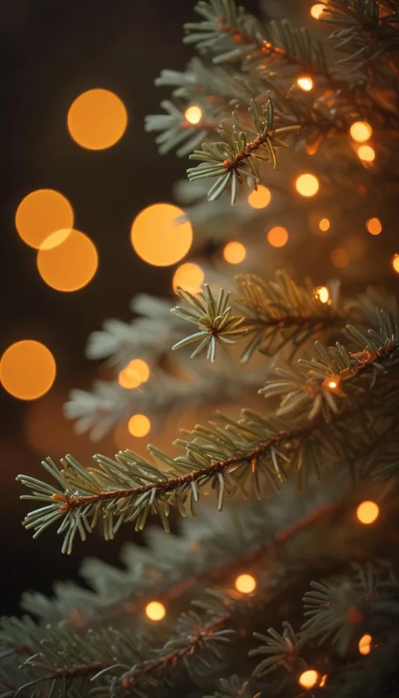 Minimal Soft Studio Light Photography Close Up Of Evergreen Tree Branches With Soft Warm Orange Bokeh Lights In The Background Creating A Cozy Atmosphere High Detail Solid Bold Color Background 7 B42a