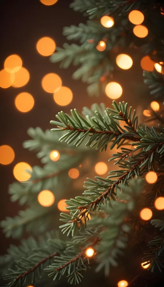 Minimal Soft Studio Light Photography Close Up Of Evergreen Tree Branches With Soft Warm Orange Bokeh Lights In The Background Creating A Cozy Atmosphere High Detail Solid Bold Color Background 8 Da90