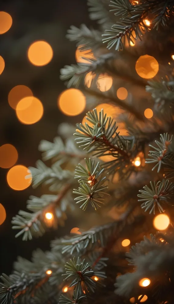 Minimal Soft Studio Light Photography Close Up Of Evergreen Tree Branches With Soft Warm Orange Bokeh Lights In The Background Creating A Cozy Atmosphere High Detail Solid Bold Color Background 9 0b8c