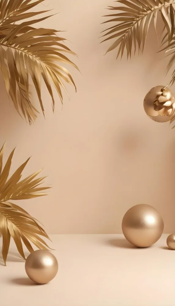 Minimal Soft Studio Light Photography Golden Palm Leaves And Metallic Spheres On A Beige Background High Detail Solid Bold Color Background 16 E87b