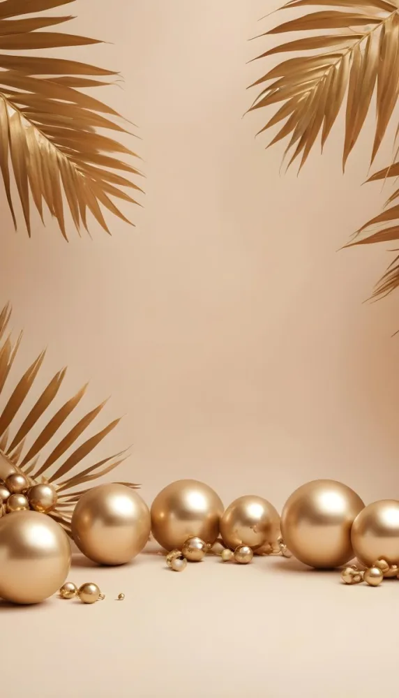 Minimal Soft Studio Light Photography Golden Palm Leaves And Metallic Spheres On A Beige Background High Detail Solid Bold Color Background 24 24fb