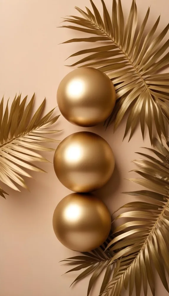 Minimal Soft Studio Light Photography Golden Palm Leaves And Metallic Spheres On A Beige Background High Detail Solid Bold Color Background 28 Bad7