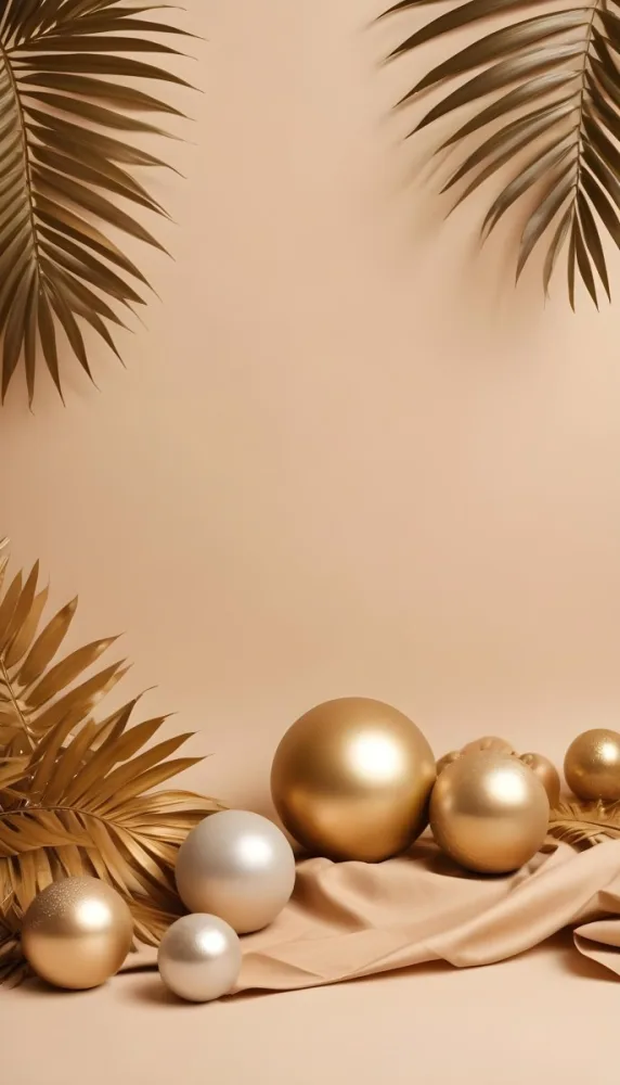 Minimal Soft Studio Light Photography Golden Palm Leaves And Metallic Spheres On A Beige Background High Detail Solid Bold Color Background 30 8df6