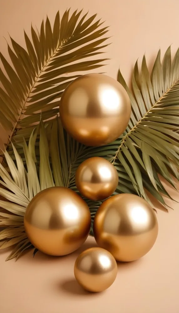 Minimal Soft Studio Light Photography Golden Palm Leaves And Metallic Spheres On A Beige Background High Detail Solid Bold Color Background 32 F169