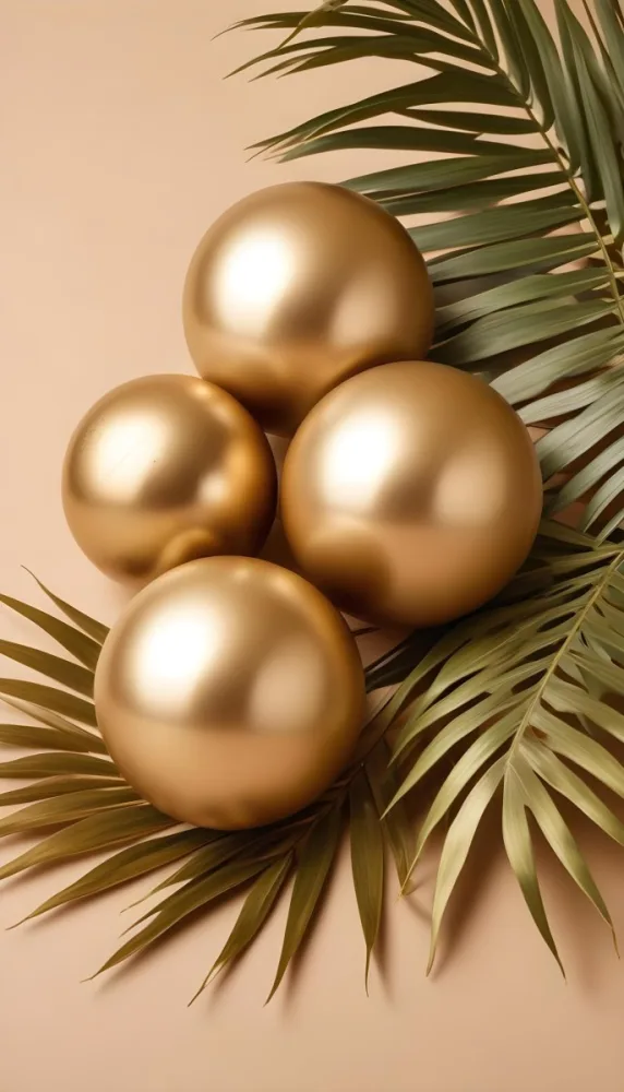 Minimal Soft Studio Light Photography Golden Palm Leaves And Metallic Spheres On A Beige Background High Detail Solid Bold Color Background 33 5db0