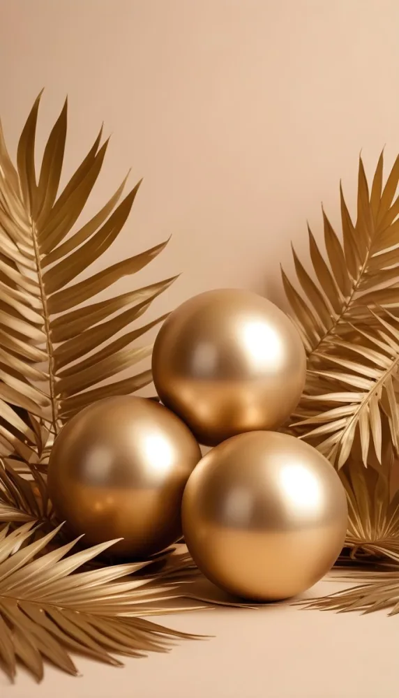 Minimal Soft Studio Light Photography Golden Palm Leaves And Metallic Spheres On A Beige Background High Detail Solid Bold Color Background 36 15e6