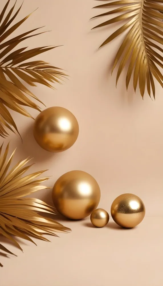 Minimal Soft Studio Light Photography Golden Palm Leaves And Metallic Spheres On A Beige Background High Detail Solid Bold Color Background 4 Ce29