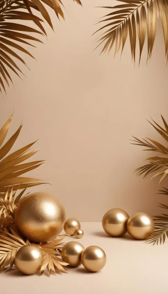 Minimal Soft Studio Light Photography Golden Palm Leaves And Metallic Spheres On A Beige Background High Detail Solid Bold Color Background 5 D03a