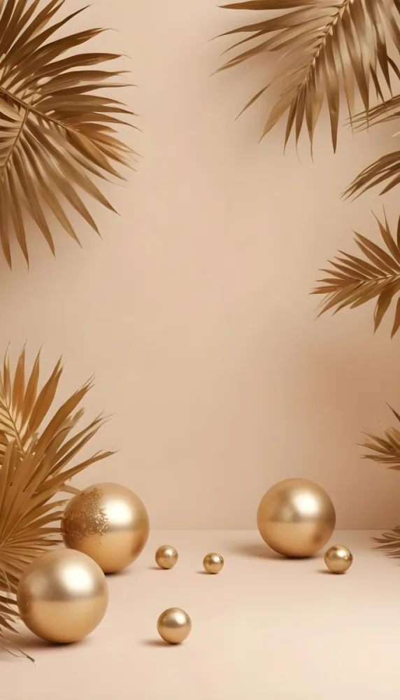 Minimal Soft Studio Light Photography Golden Palm Leaves And Metallic Spheres On A Beige Background High Detail Solid Bold Color Background 6 E720