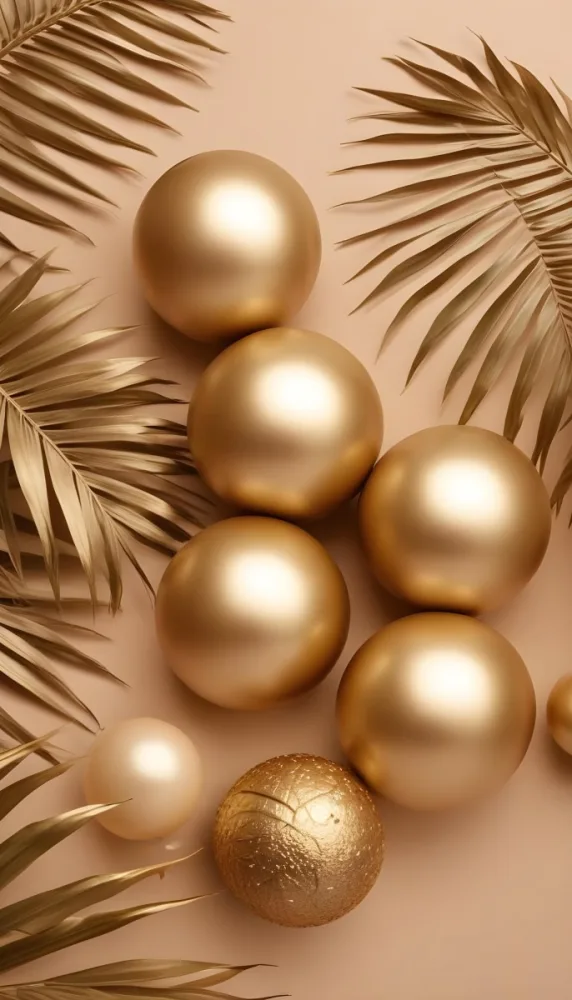 Minimal Soft Studio Light Photography Golden Palm Leaves And Metallic Spheres On A Beige Background High Detail Solid Bold Color Background 7 D287