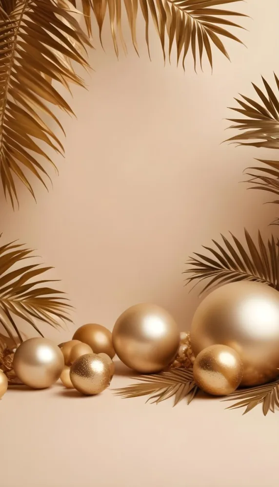 Minimal Soft Studio Light Photography Golden Palm Leaves And Metallic Spheres On A Beige Background High Detail Solid Bold Color Background 8 8cdd