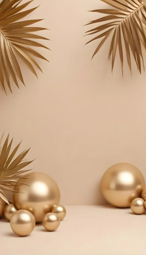 Minimal Soft Studio Light Photography Golden Palm Leaves And Metallic Spheres On A Beige Background High Detail Solid Bold Color Background 9 15e9