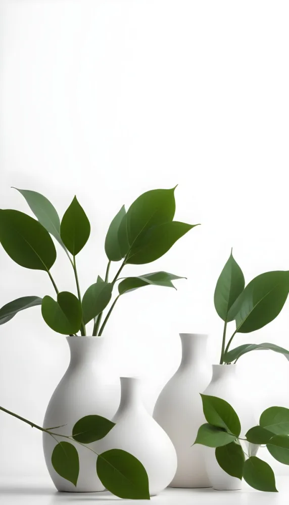 Minimal Soft Studio Light Photography Green Leaves In White Vases On A White Background High Detail Solid Bold Color Background 6 D538