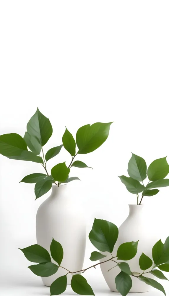Minimal Soft Studio Light Photography Green Leaves In White Vases On A White Background High Detail Solid Bold Color Background 7 A0af