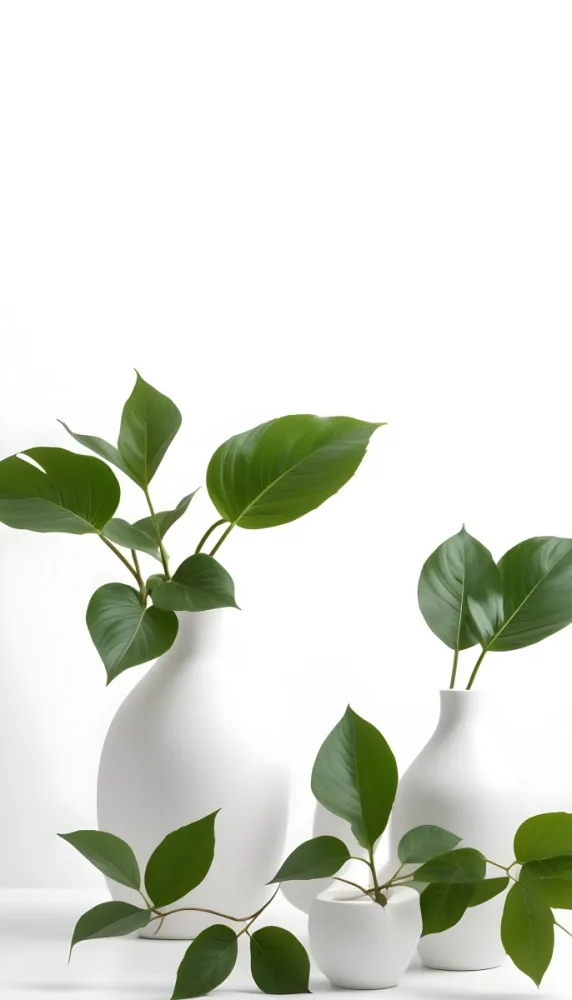 Minimal Soft Studio Light Photography Green Leaves In White Vases On A White Background High Detail Solid Bold Color Background 8 C39e