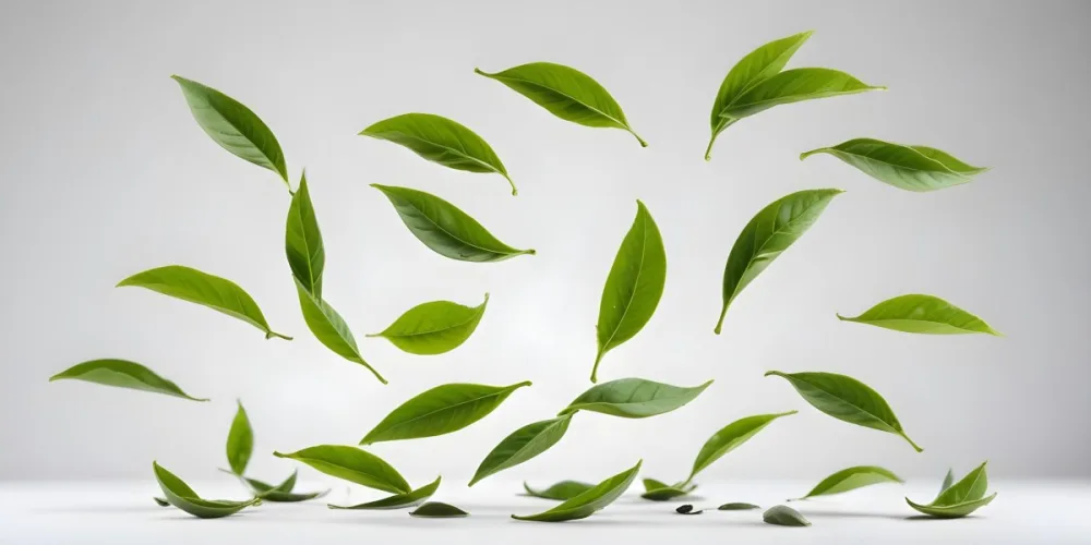 Minimal Soft Studio Light Photography Green Tea Leaves Floating Against A White Background High Detail Solid Bold Color Background 32 460e