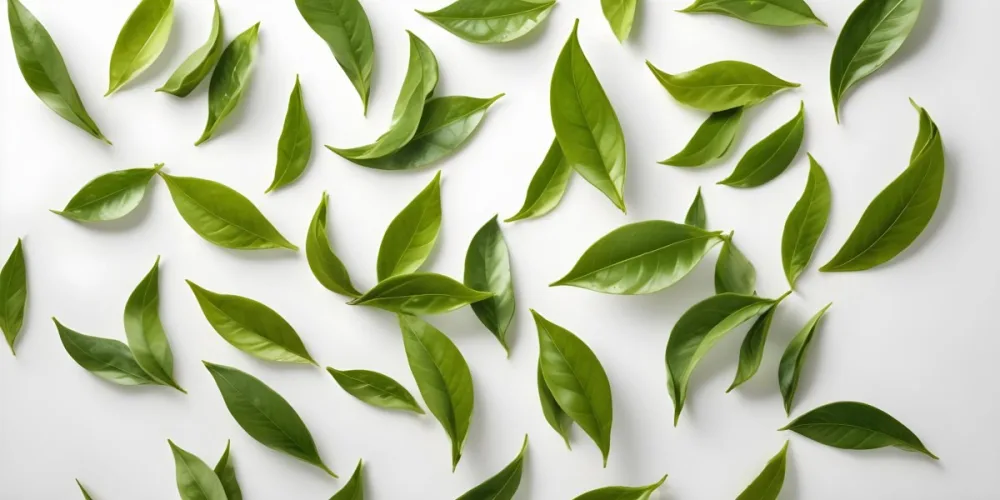 Minimal Soft Studio Light Photography Green Tea Leaves Floating Against A White Background High Detail Solid Bold Color Background 5 2300