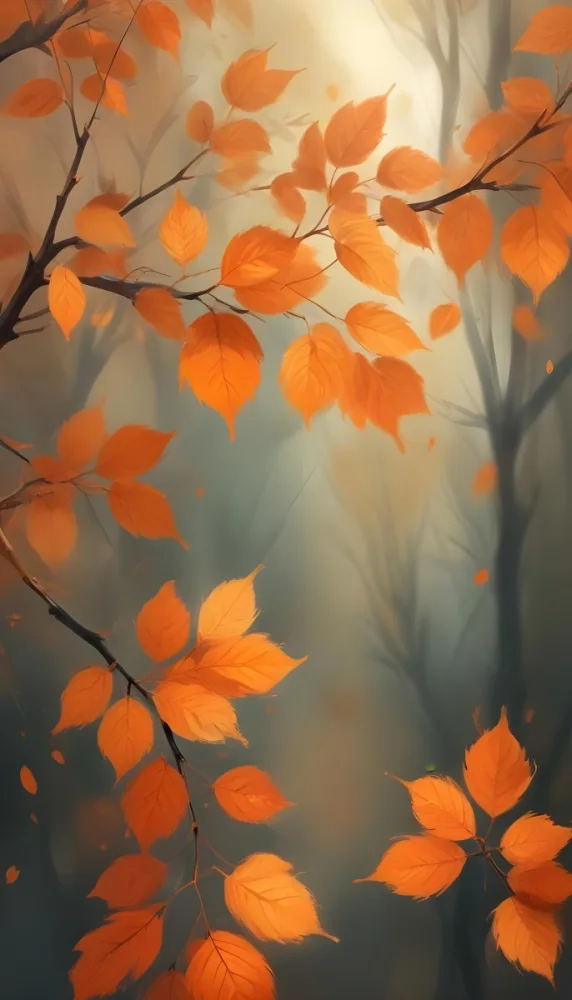 Minimal Soft Studio Light Photography Orange Leaves On Branches With A Soft Blurred Background Of Light And Colors Creating A Warm Autumnal Atmosphere High Detail Solid Bold Color Background 20 E393