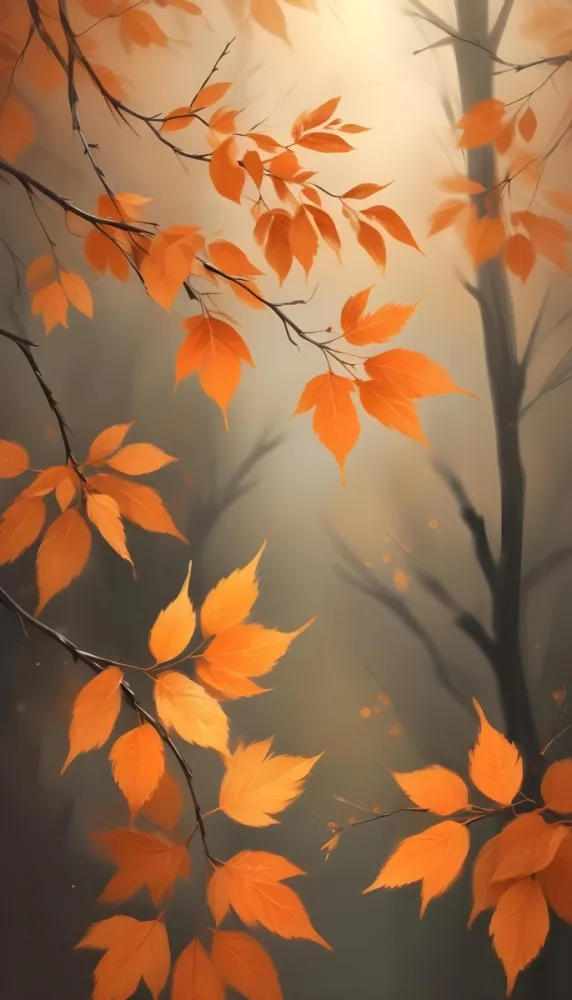 Minimal Soft Studio Light Photography Orange Leaves On Branches With A Soft Blurred Background Of Light And Colors Creating A Warm Autumnal Atmosphere High Detail Solid Bold Color Background 30 984e
