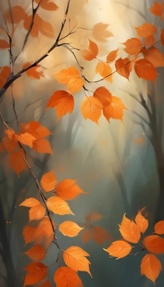 Minimal Soft Studio Light Photography Orange Leaves On Branches With A Soft Blurred Background Of Light And Colors Creating A Warm Autumnal Atmosphere High Detail Solid Bold Color Background 31 De03