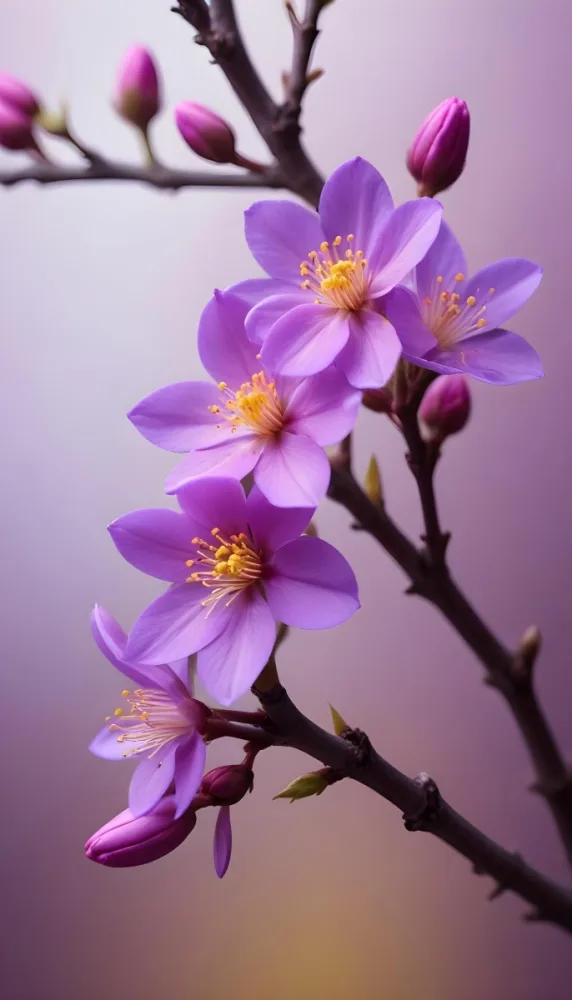 Minimal Soft Studio Light Photography Purple Flowers With Yellow Stamens On A Branch Surrounded By Pink Buds Set Against A Blurred Background High Detail Solid Bold Color Background 1 9980