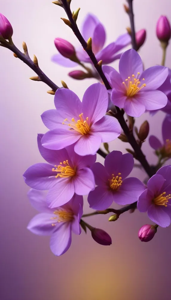 Minimal Soft Studio Light Photography Purple Flowers With Yellow Stamens On A Branch Surrounded By Pink Buds Set Against A Blurred Background High Detail Solid Bold Color Background 12 82c5