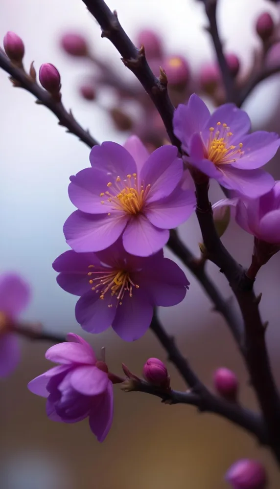 Minimal Soft Studio Light Photography Purple Flowers With Yellow Stamens On A Branch Surrounded By Pink Buds Set Against A Blurred Background High Detail Solid Bold Color Background 16 Abb2