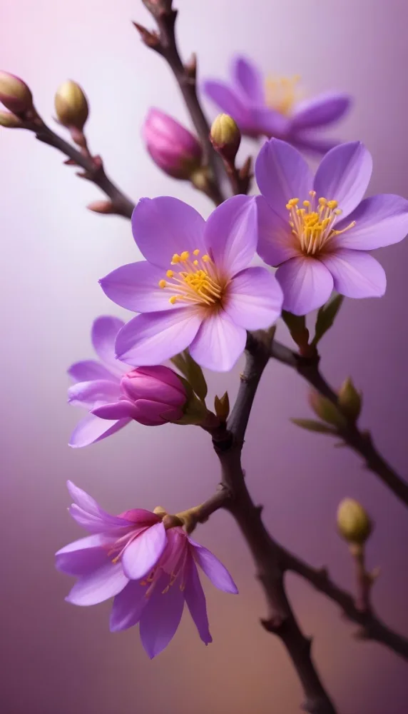 Minimal Soft Studio Light Photography Purple Flowers With Yellow Stamens On A Branch Surrounded By Pink Buds Set Against A Blurred Background High Detail Solid Bold Color Background 24 8b04