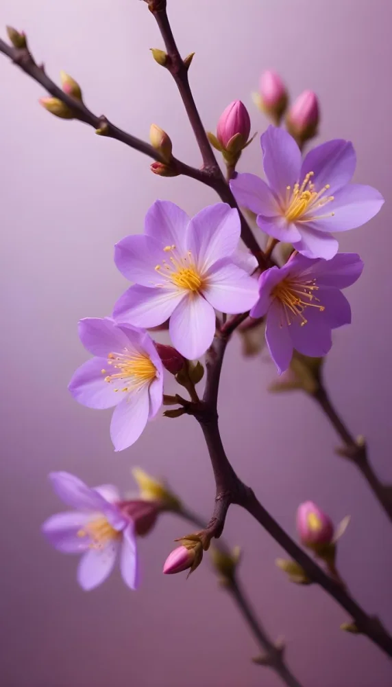 Minimal Soft Studio Light Photography Purple Flowers With Yellow Stamens On A Branch Surrounded By Pink Buds Set Against A Blurred Background High Detail Solid Bold Color Background 25 37f4