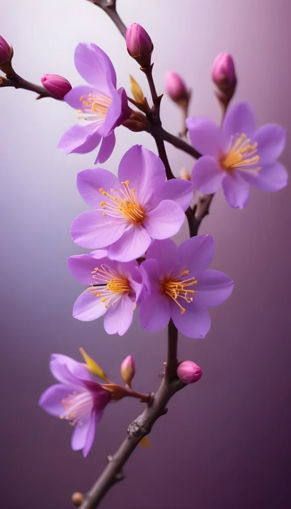 Minimal Soft Studio Light Photography Purple Flowers With Yellow Stamens On A Branch Surrounded By Pink Buds Set Against A Blurred Background High Detail Solid Bold Color Background 30 45eb