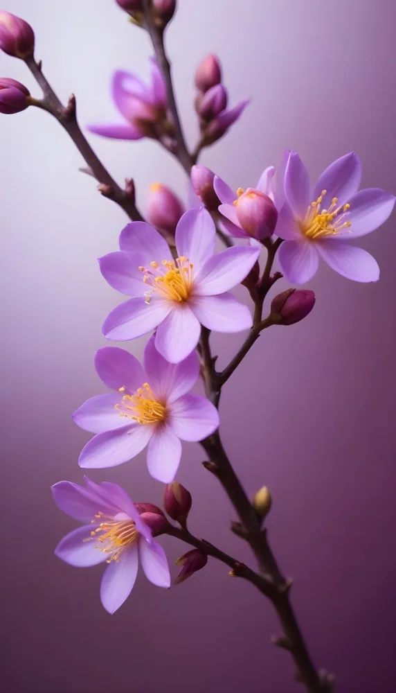 Minimal Soft Studio Light Photography Purple Flowers With Yellow Stamens On A Branch Surrounded By Pink Buds Set Against A Blurred Background High Detail Solid Bold Color Background 34 239e