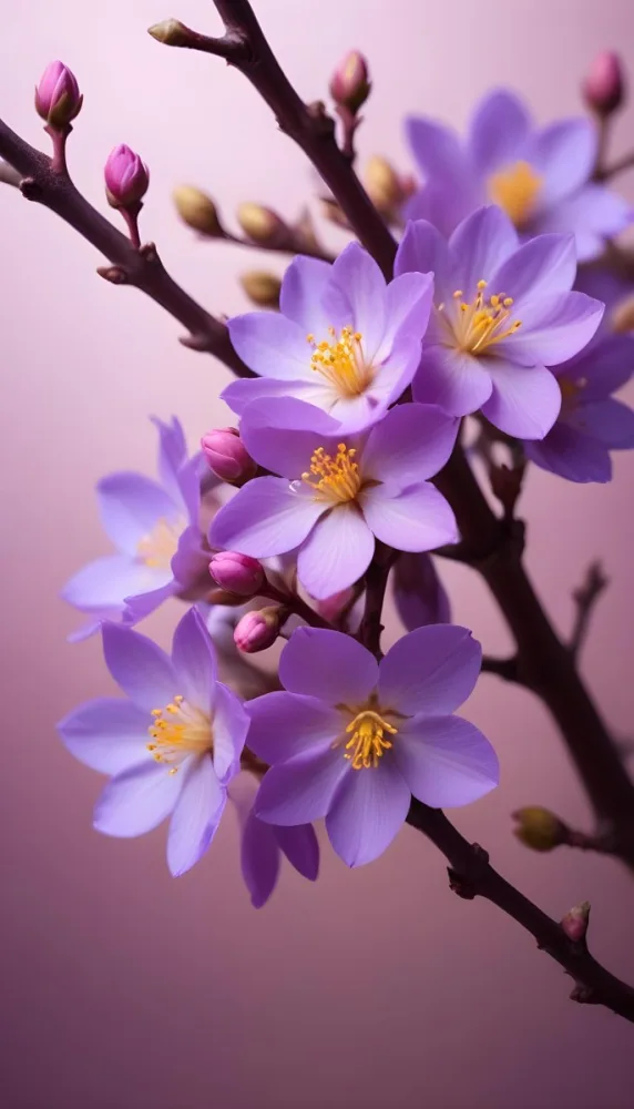 Minimal Soft Studio Light Photography Purple Flowers With Yellow Stamens On A Branch Surrounded By Pink Buds Set Against A Blurred Background High Detail Solid Bold Color Background 38 Baab