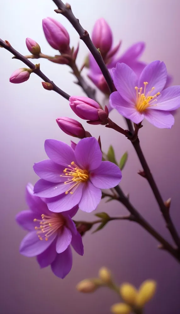 Minimal Soft Studio Light Photography Purple Flowers With Yellow Stamens On A Branch Surrounded By Pink Buds Set Against A Blurred Background High Detail Solid Bold Color Background 4 1615