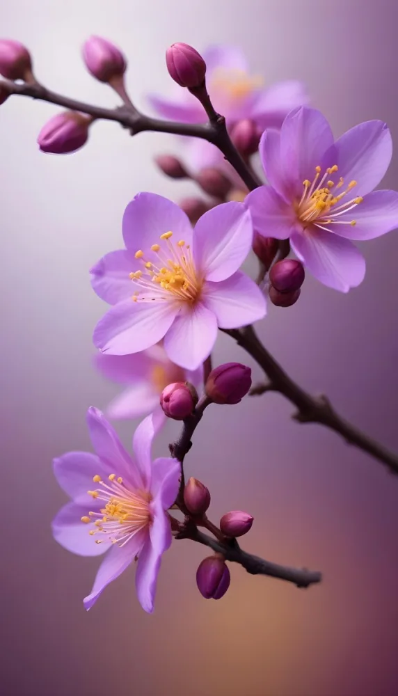 Minimal Soft Studio Light Photography Purple Flowers With Yellow Stamens On A Branch Surrounded By Pink Buds Set Against A Blurred Background High Detail Solid Bold Color Background 40 Eba0