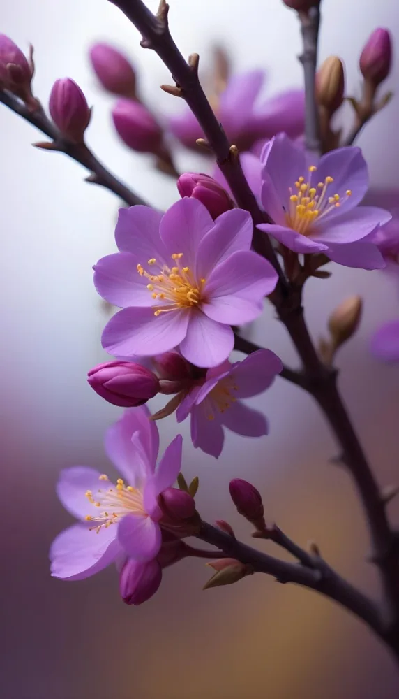 Minimal Soft Studio Light Photography Purple Flowers With Yellow Stamens On A Branch Surrounded By Pink Buds Set Against A Blurred Background High Detail Solid Bold Color Background 42 C032