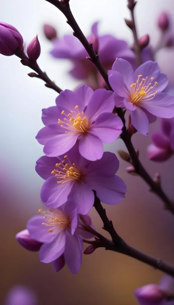 Minimal Soft Studio Light Photography Purple Flowers With Yellow Stamens On A Branch Surrounded By Pink Buds Set Against A Blurred Background High Detail Solid Bold Color Background 45 B594