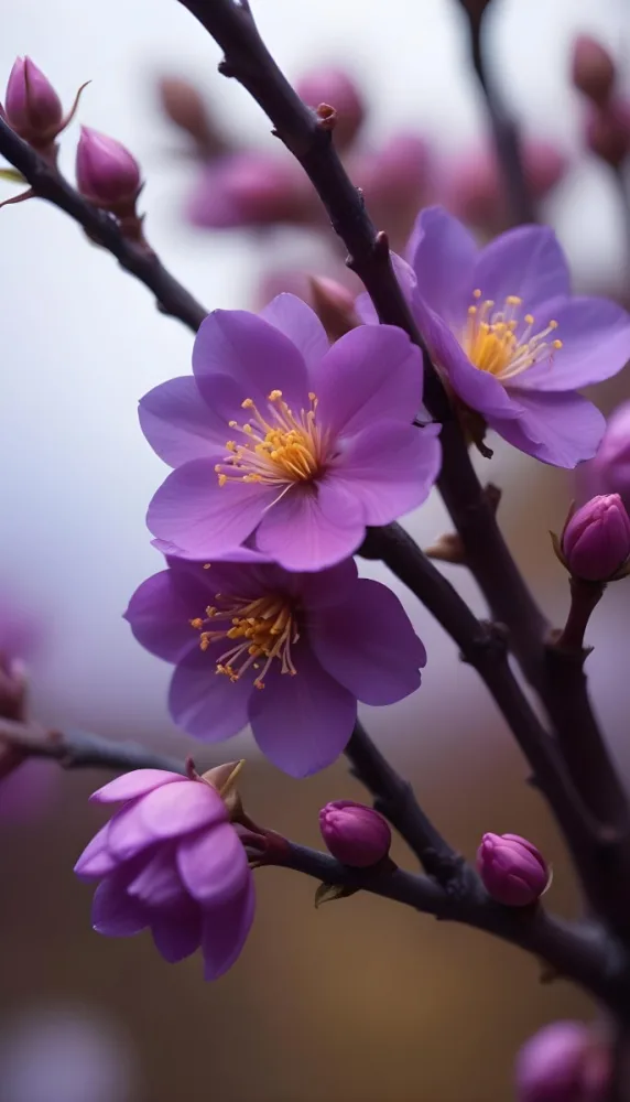 Minimal Soft Studio Light Photography Purple Flowers With Yellow Stamens On A Branch Surrounded By Pink Buds Set Against A Blurred Background High Detail Solid Bold Color Background 47 9b26
