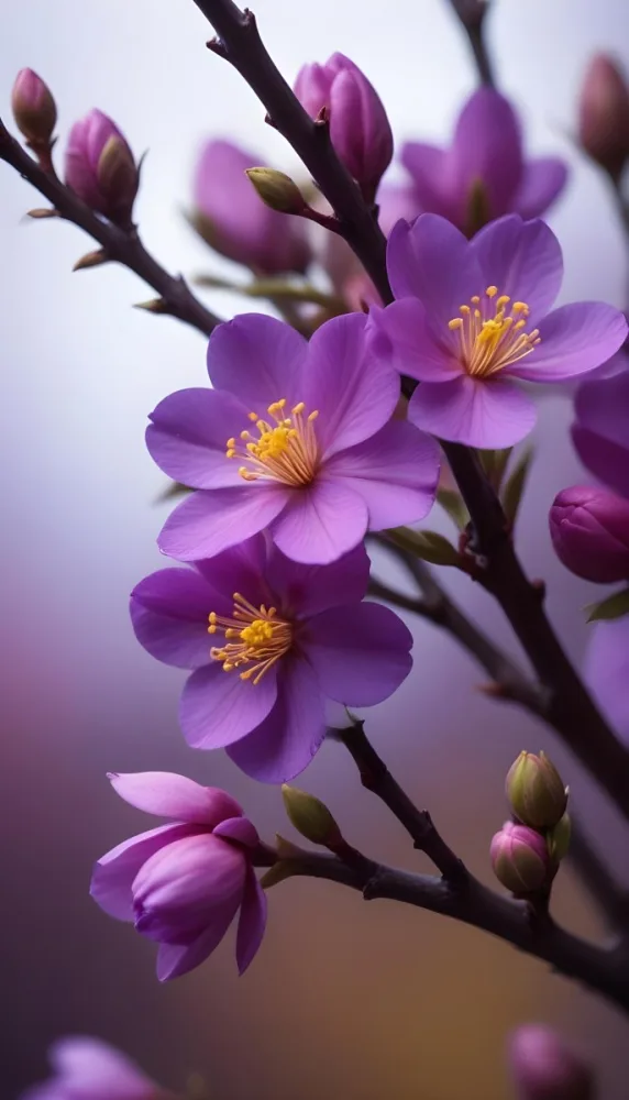 Minimal Soft Studio Light Photography Purple Flowers With Yellow Stamens On A Branch Surrounded By Pink Buds Set Against A Blurred Background High Detail Solid Bold Color Background 7 D347