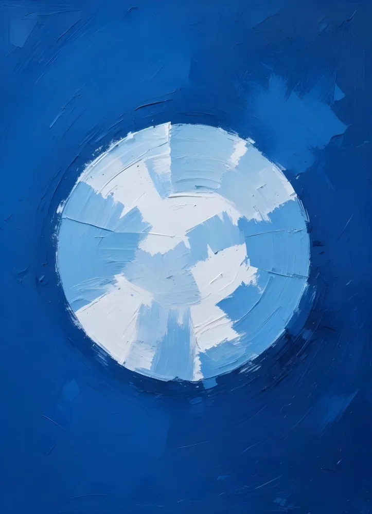 Oil Painting A Blue And White Circle With A Rough Texture Surrounded By A Solid Blue Background Creating A Simple Yet Visually Striking Contrast Creative Extremely Detailed Brush Stroke 17 D35a