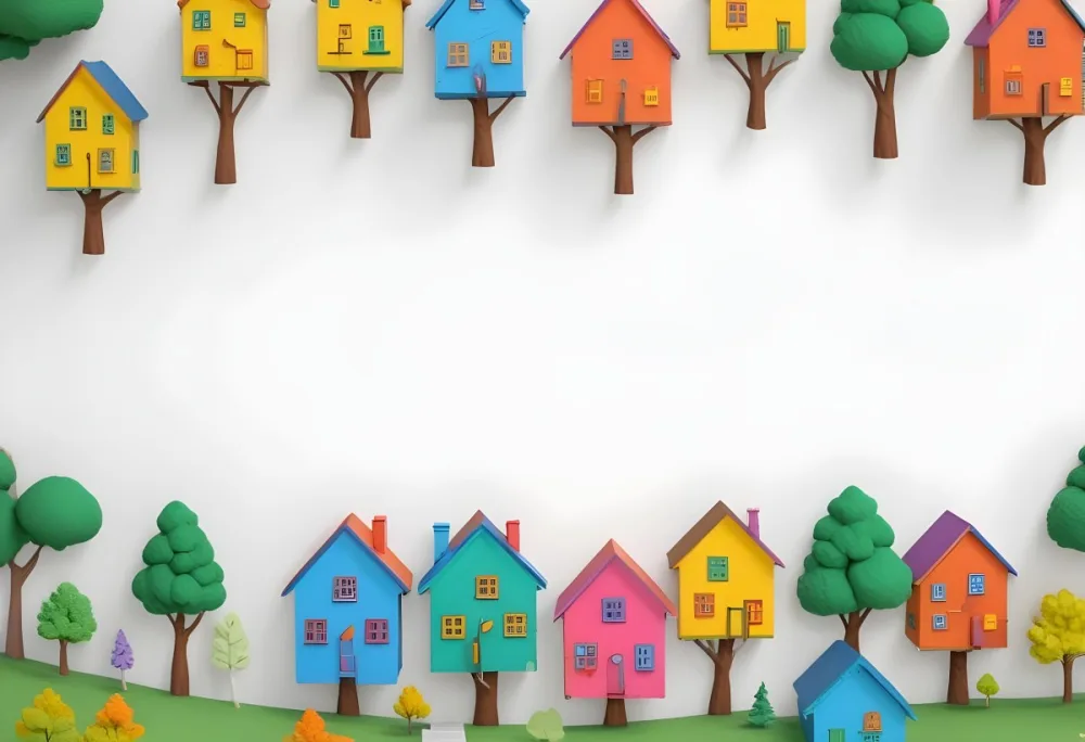Oil Painting A Childish Drawing Of Colorful Houses And Trees On A White Background Creative Extremely Detailed Brush Stroke 8 Fedf