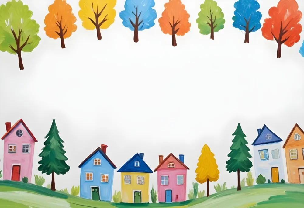 Oil Painting A Childish Drawing Of Colorful Houses And Trees On A White Background Creative Extremely Detailed Brush Stroke 9 Cfa0