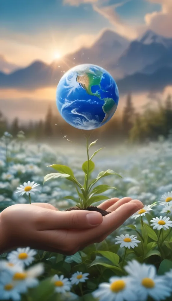 Oil Painting A Human Hand Holding A Small Plant Growing Out Of The Ground With The Earth Globe Floating Above It Against A Blurred Background Of Green Plants And White Flowers Creative Extremely Detailed Brush 5 4eea