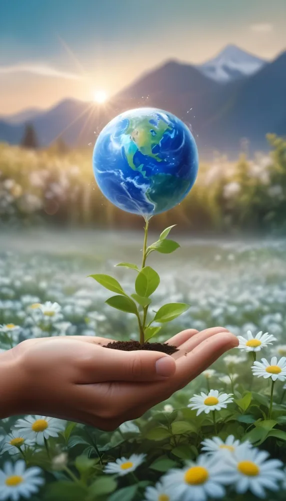 Oil Painting A Human Hand Holding A Small Plant Growing Out Of The Ground With The Earth Globe Floating Above It Against A Blurred Background Of Green Plants And White Flowers Creative Extremely Detailed Brush 7 E453