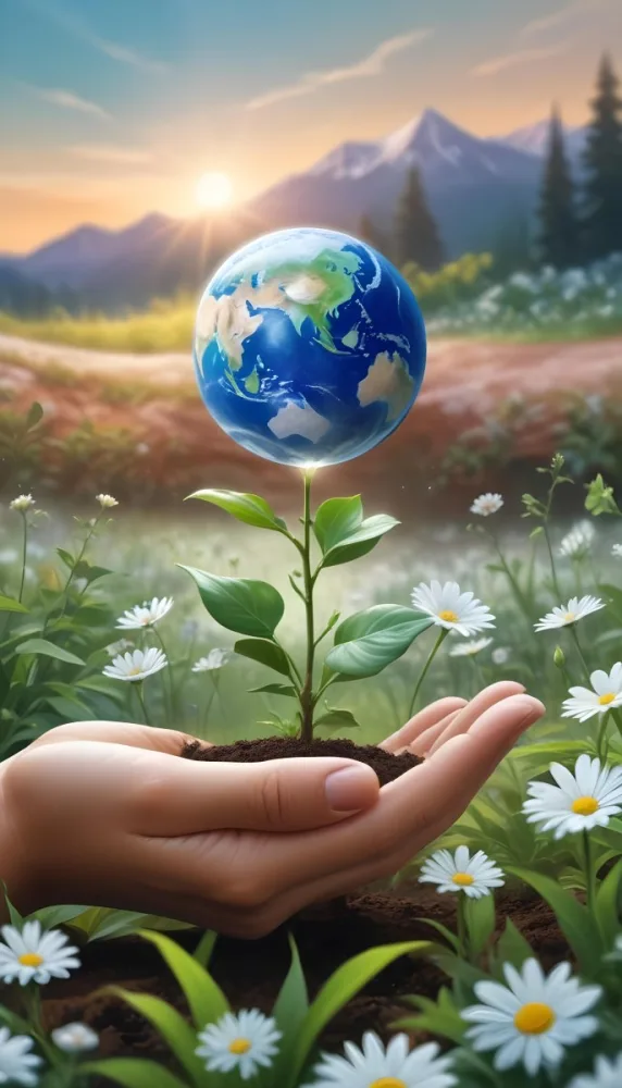 Oil Painting A Human Hand Holding A Small Plant Growing Out Of The Ground With The Earth Globe Floating Above It Against A Blurred Background Of Green Plants And White Flowers Creative Extremely Detailed Brush 8 2417