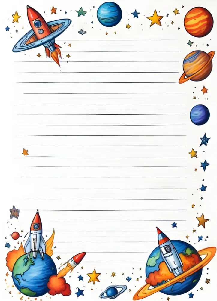 Oil Painting A Sheet Of Lined Paper With Space Themed Cartoon Drawings Of A Rocket A Spaceship A Planet An Asteroid And Stars Creative Extremely Detailed Brush Stroke 7 71b0