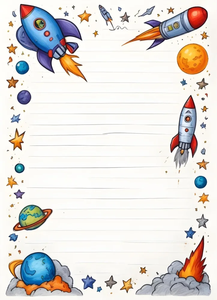 Oil Painting A Sheet Of Lined Paper With Space Themed Cartoon Drawings Of A Rocket A Spaceship A Planet An Asteroid And Stars Creative Extremely Detailed Brush Stroke 7 Ac23