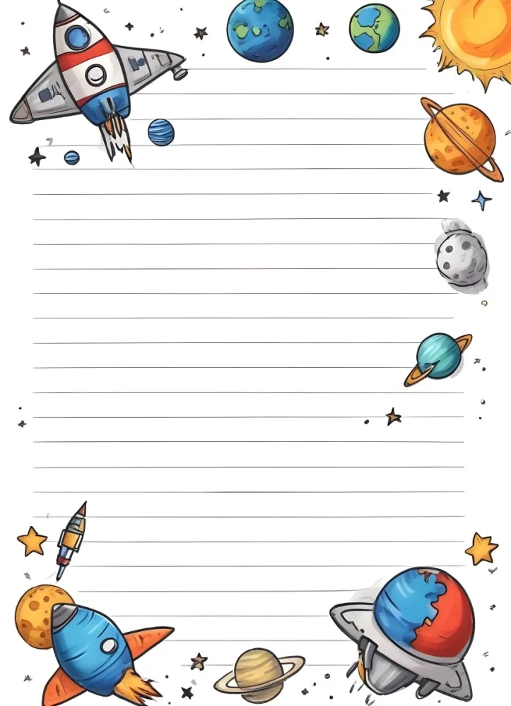 Oil Painting A Sheet Of Lined Paper With Space Themed Cartoon Drawings Of A Rocket A Spaceship A Planet An Asteroid And Stars Creative Extremely Detailed Brush Stroke 8 6c50