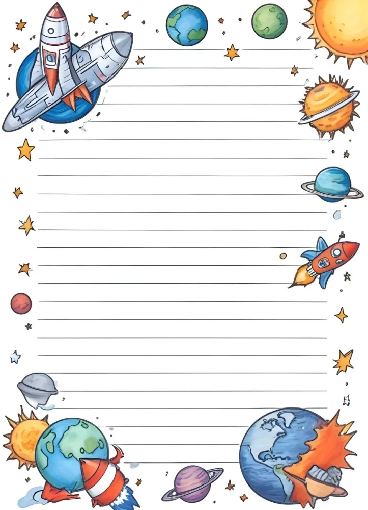 Oil Painting A Sheet Of Lined Paper With Space Themed Cartoon Drawings Of A Rocket A Spaceship A Planet An Asteroid And Stars Creative Extremely Detailed Brush Stroke 8 Ab17