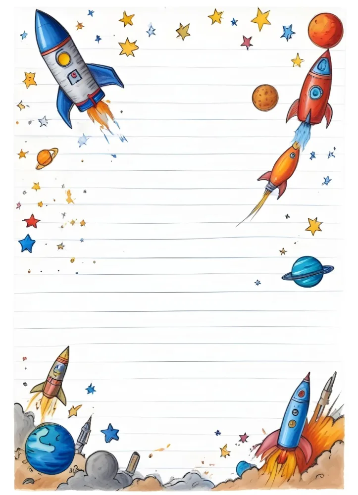 Oil Painting A Sheet Of Lined Paper With Space Themed Cartoon Drawings Of A Rocket A Spaceship A Planet An Asteroid And Stars Creative Extremely Detailed Brush Stroke 9 E61b